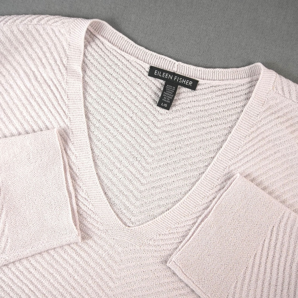 Eileen Fisher Merino Wool Tunic Ribbed Long V-Neck Sweater Women L Lightweight